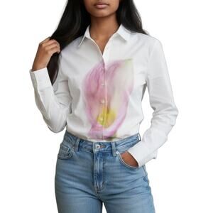 ROSE VERDI Italian hand printed calla lily cotton white button down shirt Size S